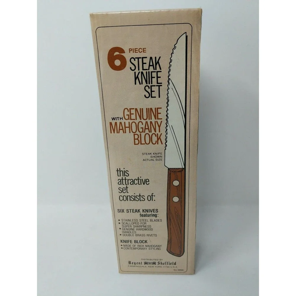 Vintage Regent & Sheffield 6 Piece Steak Knife Set w/ Genuine Mahogany Block NOS